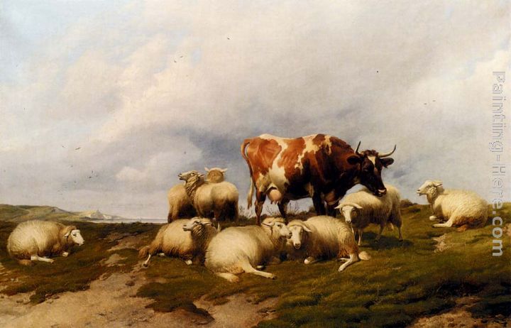 A Cow And Sheep On The Cliffs painting - Thomas Sidney Cooper A Cow And Sheep On The Cliffs art painting